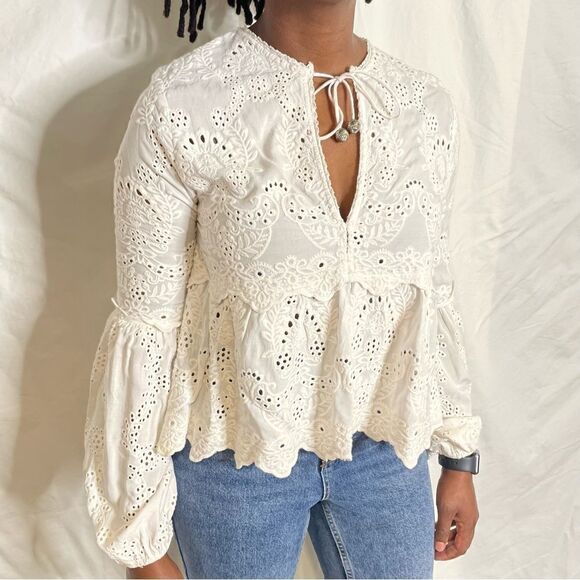 Kooples Embroidery Cotton Tie Neck boho Bohemian Lace Top - Picture 4 of 12